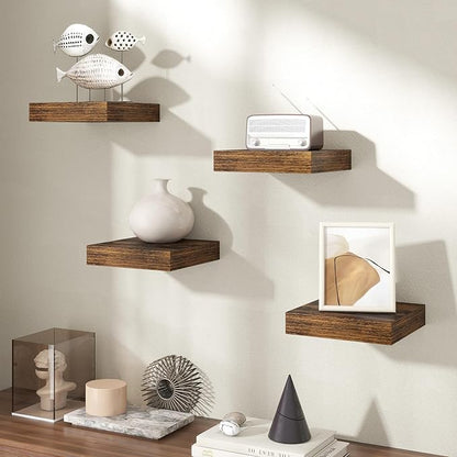 Axeman Square Floating Shelves for Wall, 8" W x 8" D x 1.4" H Rustic Wooden Wall Shelves, 4 Pack Wall Mounted Floating Shelf with Invisible Brackets for Living Room, Bathroom, Kitchen, Rustic Brown