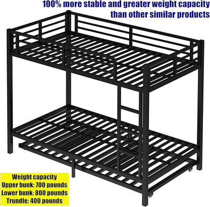 LUCALEO Stronger & Truly Reinforced Heavy Duty Metal Bunk Bed Twin XL Over Twin XL Size Bunkbed, Thickened More Stable & Safer Steel Bunk Bed Frame with Twin Size Trundle (Greater Weight Capacity)