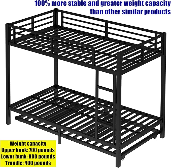 Higher Quality & Stronger Heavy Duty Metal Bunk Bed Frame Twin XL Over Twin XL Size with Twin Size Trundle for Adults Teens, Thickened More Stable Steel Bunkbed