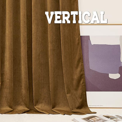 RYB HOME Velvet Curtains 96 inches, Soft Durable Drapes Room Darkening Privacy Window Treatment Farmhouse Decor for Living Room Sliding Glass Door, Golden Brown, W52 x L96 inches, Set of 2