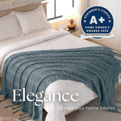 Boho Knitted Chenille Blanket with Tassels - Lightweight & Soft All-Season Throw - 3D Classic Pattern for Living Room Bedroom Couch, Celestial Blue, Queen 90"x90"