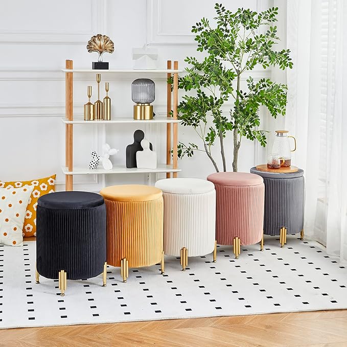 Mxfurhawa Round Ottoman Foot Stool with Storage and Metal Legs for Living Room Bedroom, Velvet Upholstered Footrest Stool Support 300lbs Modern Padded Seat Ottoman Coffee Table (Cream)