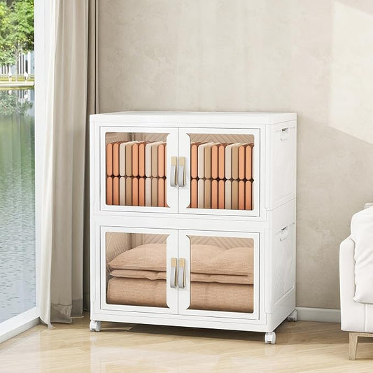 Large Stackable Storage Bins with Lids, 330QT-165QT*2Tier Foldable Cabinet for Closet Organizers, Plastic Storage Containers Box with Wheels