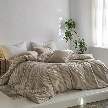 MooMee Striped Duvet Cover Set 100% Washed Cotton Linen Like Textured Breathable Durable Soft Comfy (Tannish Linen Grey White Wide Stripes, Super Queen 90"x98")
