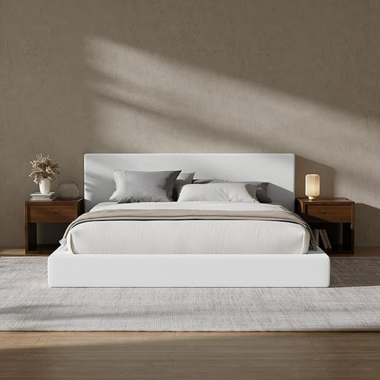 RECCI Cloud Upholstered Queen Bed Frame with Headboard, 5 Inch Foam Padded Platform, No Box Spring, Easy Assembly (Snow White)
