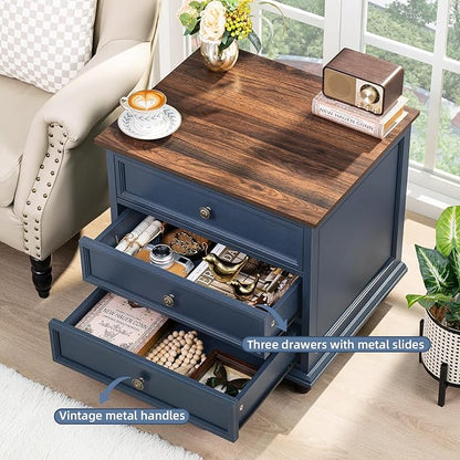 24" Wide Farmhouse Night Stand Set of 2,Large End Table with 3 Drawers & Metal Handle,Blue Dresser for Bedroom,Bed Side Table Chest of Drawers Cabinet,Wood Nightstand for Living Room,Closet