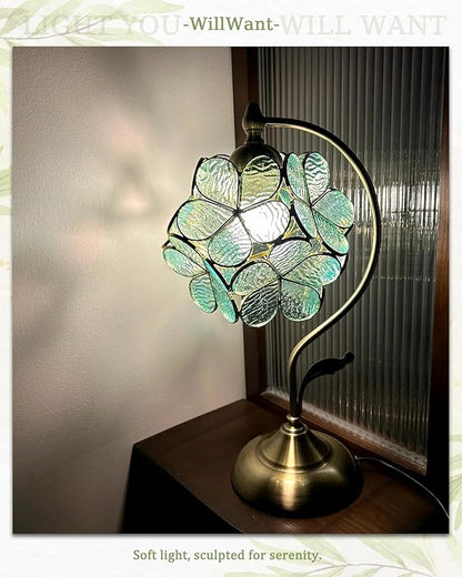 Tiffany Style Flower Table Lamp, Vintage Cherry Blossom Stained Glass Lamp with Brass Base for Bedroom Bedside Home Decor, Vintage Mint (Blue-Green)
