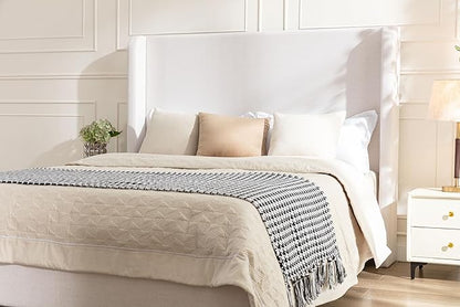 King Size Upholstered Platform Bed with 54" Tall Wingback Headboard/Elegant Upholstered Bed Frame Without Wooden Slats/Box Spring Required/Easy Assembly/Textured Ivory Canvas