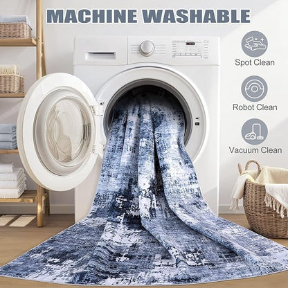 Area Rug Living Room Rugs - 4x6 Abstract Large Soft Indoor Washable Rug Neutral Modern Low Pile Carpet for Bedroom Dining Room Farmhouse Home Office - Navy Blue