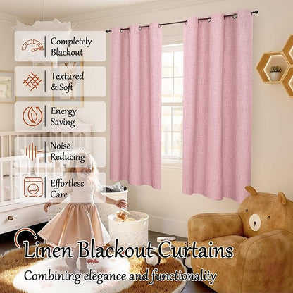Baby Pink Linen Blackout Curtains for Nursery 63 Inch Length 2 Panels Set, Thermal Insulated Boho Total Black Out Noise Reducing Bonzer Grommets Window Curtains for Girls Bedroom, Each 38 Inch Wide