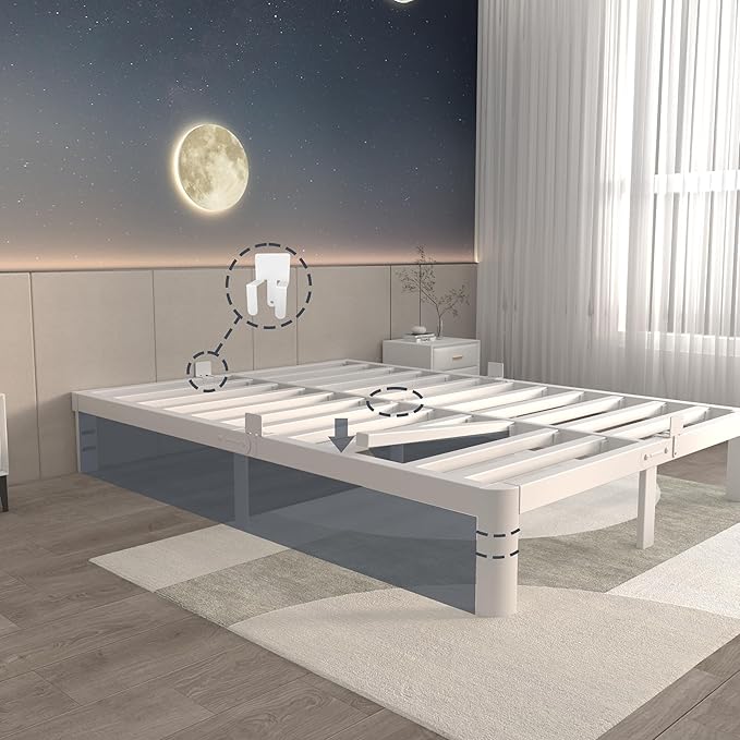 ITIMIDI 10 Inch White Bed Frame King Size with Metal Gaskets,Metal Platform Bed Frame King, No Box Spring Needed, Heavy Duty Steel Support 3000 LBS, Anti-Slip Mattress Stopper, Easy Assembly