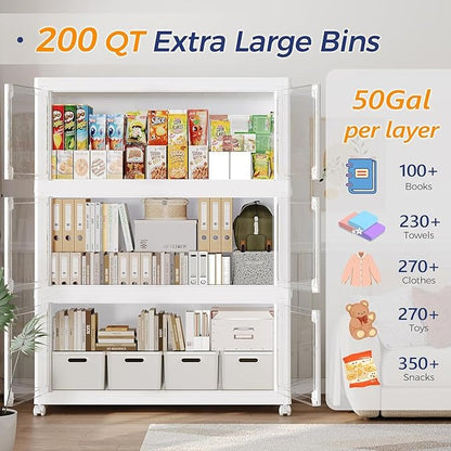 200GAL Large Stackable Storage Bins with Lid and Wheels, 800Qt Collapsible Organizer Cabinet with Clear Door, for Closet, Bedroom, Kitchen, Garage, 4-Pack White