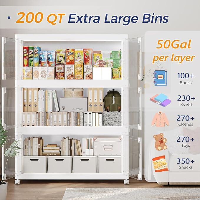 150GAL Large Stackable Storage Bins with Lid and Wheels, 600Qt Collapsible Organizer Cabinet with Clear Door, for Closet, Bedroom, Kitchen, Garage, 3-Pack White