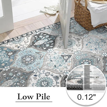Lahome Moroccan Trellis Washable Rugs 9x12, Soft 9x12 Area Rug for Living Room Bedroom, Ultra-Thin Non-Slip Non Shedding Distressed Throw Large Carpet for Dining Room Office, Blue