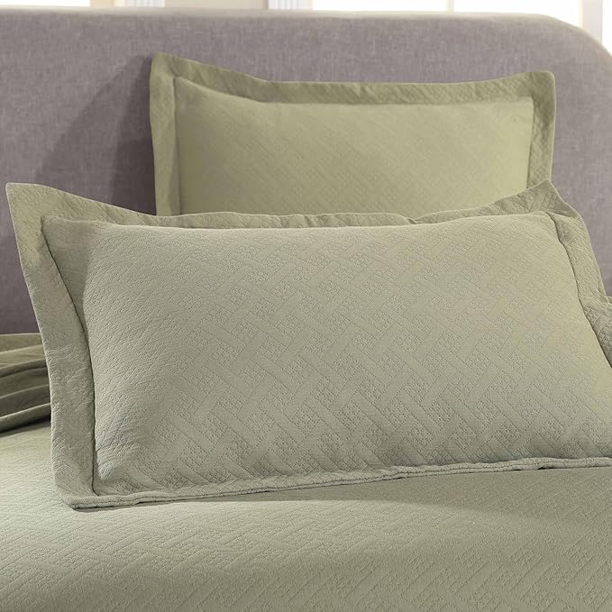 Superior 100% Cotton Basket Weave Bedspread with Shams, All-Season Premium Cotton Matelasse Jacquard Bedding, Quilted-Look Geometric Basket, King, Sage
