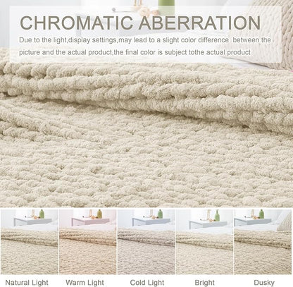 Chunky Knit Throw Blanket 50"X 60", 100% Handmade with Soft Chenille Yarn, 4.4lbs Thick Cable Knitted Blankets, Large Rope Knot Crochet Throws for Couch Sofa Bed Home Decor, Beige