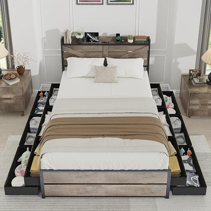Queen Size Wooden Bed Frame with 12 Storage Drawers and Headboard, Farmhouse Platform Bed Frame with Charging Station, No Box Spring Needed, Stable and Solid, Noise Free. (Oak, Queen)