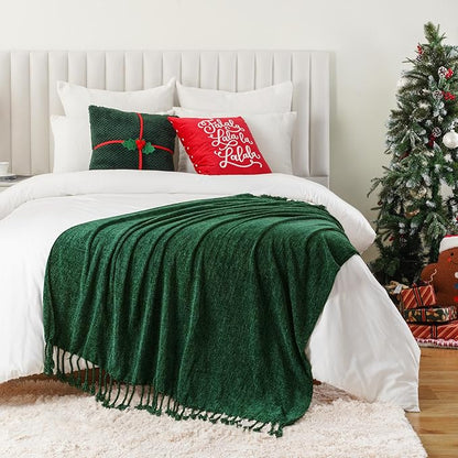 BATTILO HOME Chenille Knit Throw Blanket for Couch, Soft Cozy Christmas Green Knitted Throw Blanket with Fringe, Lightweight Blanket for Christmas Decoration, 50"x60"