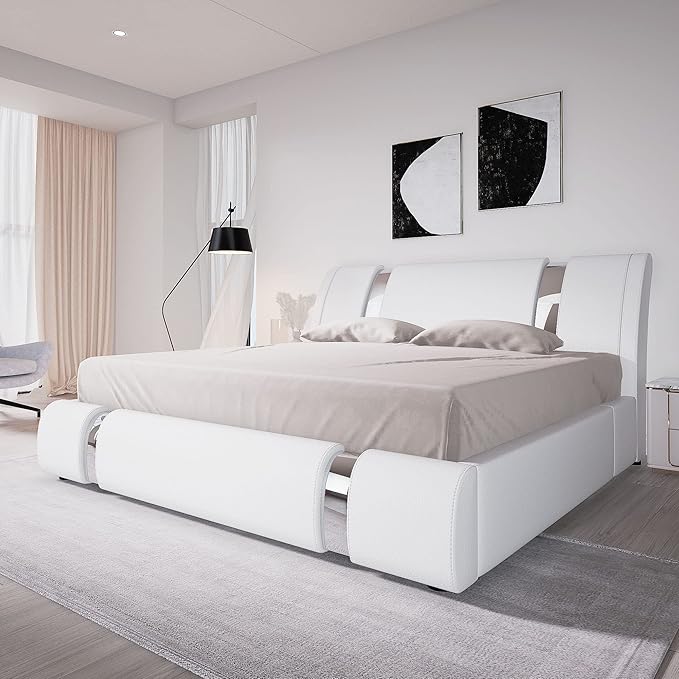 Allewie King Size Bed Frame with Iron Piece Decor, Faux Leather Upholstered Platform Bed with Curved Adjustable Headboard, Wooden Slats Support, No Box Spring Needed, Modern White