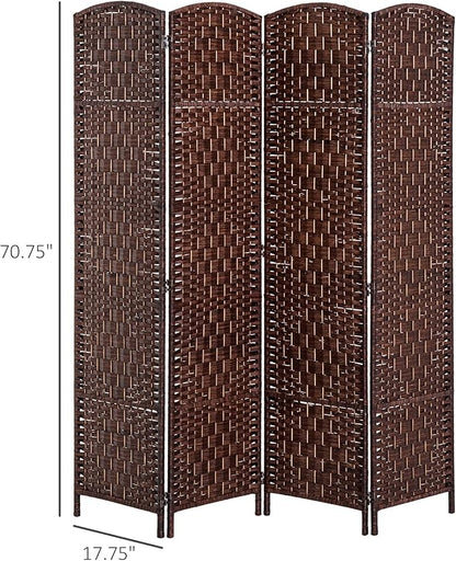 HOMCOM Room Divider, 4 Panel Folding Privacy Screen, 6FT Tall Portable Wicker Weave Partition Wall Divider for Bedroom, Home Office, Brown