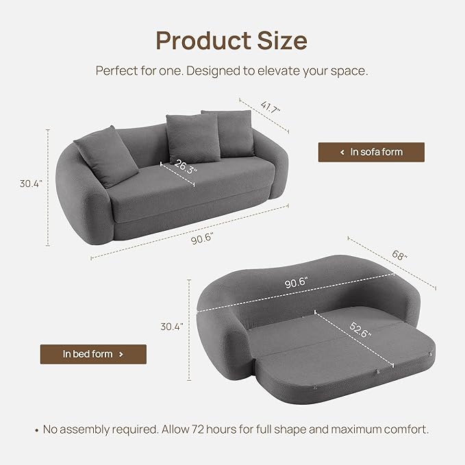 SICOTAS 90.6" Curved Convertible Sofa Couch Bed for Living Room Futon Cloud Boneless Sleeper Sofa Pull Out Floor Couch with Deep Seat 3 Seater Foam Bed No Assembly for Bedroom Apartment, Dark Grey