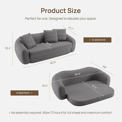 SICOTAS 90.6" Curved Convertible Sofa Couch Bed for Living Room Futon Cloud Boneless Sleeper Sofa Pull Out Floor Couch with Deep Seat 3 Seater Foam Bed No Assembly for Bedroom Apartment, Dark Grey