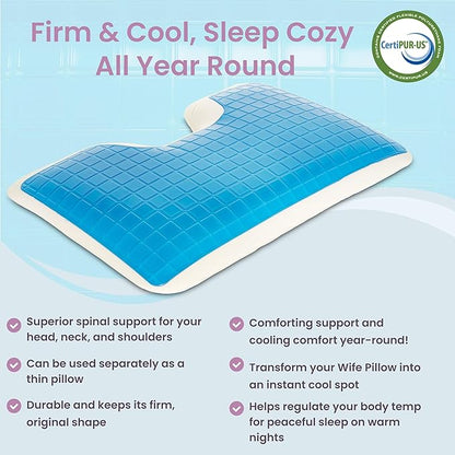 Wife Pillow - Insert Topper Only, Firm Cooling Gel / 80D Memory Foam Topper for Pillow That Stays Cold. Thin for Stomach Sleeper. Ergonomic, Neck U Shaped Cutout. Firm High-Density Layer Support