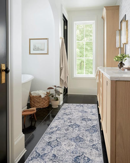 Lahome Moroccan Trellis Washable Runner Rug, 2x6 Kitchen Runners for Hallways 6 Feet Non Slip, Vintage Laundry Room Rug Ultra-Thin Long Carpet for Bathroom Bedroom Entryway, White/Royal Blue