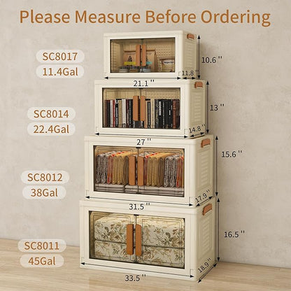 Plastic Stackable Storage Bins with Lids and Wheels, 358.4QT-89.6QT*4Tier Foldable Closet Organizers and Containers, Collapsible Clear Drawer Storage Cabinet with Doors Ivory White