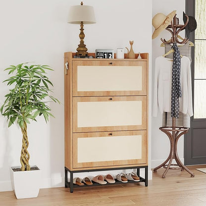 Slim Entryway Shoe Storage Cabinet with 3 Flip Drawers, Modern Freestanding Shoes Organizer Holds 16-20 Pairs, Closed Shoe Storage for Hallway, Foyer - Space-Saving Wood Shoe Cabinet