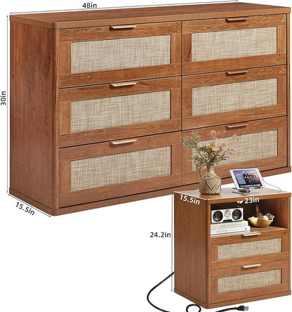 LEYAOYAO Rattan Dresser and Nightstand Sets 3 Piece, Boho Wood Dresser for Bedroom with 6 Drawers and Night Stand with Charging Station, Bedroom Furniture, Dressers & Chests of Drawers, Living Room