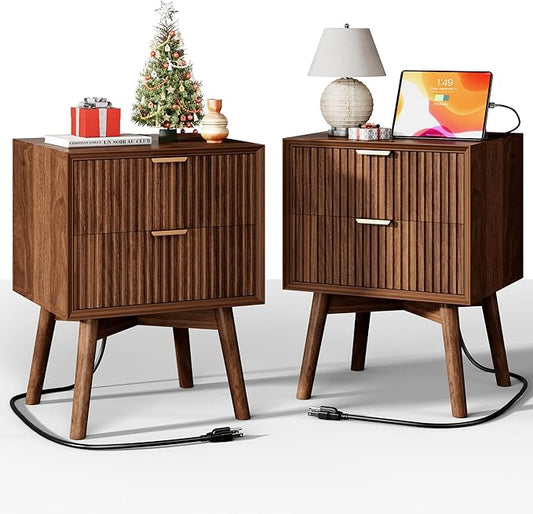 Fluted Nightstand, Night Stand Set 2, Nightstands Set of 2 with Beveled Edges & Solid Wood Legs, 2 Drawer Wooden End Table with Charging Station, Modern Bedside Table for Bedroom, Walnut