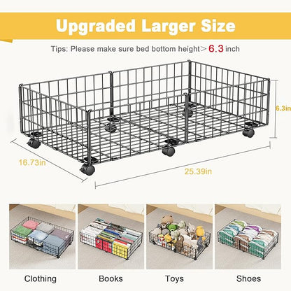 Mr IRONSTONE Under Bed Storage Containers with 6 Wheels | Upgraded Heavy-Duty Metal Frame Holds Up to 80LBS | Space-Saving Rolling Underbed Storage Organizer for Shoes, Clothes & Seasonal Items