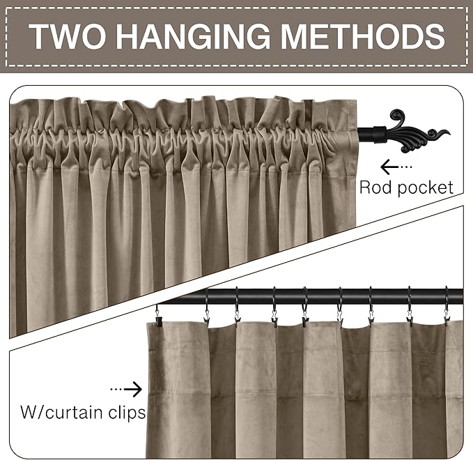 StangH 120 inches Velvet Curtains - Camel Beige Room Darkening Window Drapes Thick Heavy Thermal Insulated Long Dividers for Living Room/Office, W52 x L120, 2 Panels