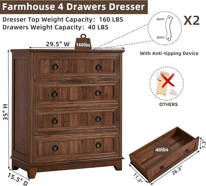 Farmhouse 4 Drawer Dresser for Bedroom, 35" Tall Small Dressers & Chest of Drawers, Rustic Wood Dresser with Metal Handle, Storage Organizer Closet for Living Room, Hallway, Entryway