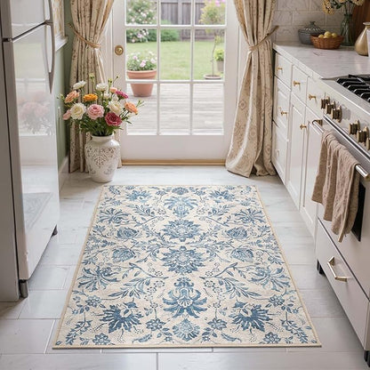 jinchan Torino 3x5 Area Rugs for Entryway, Vintage-Inspired Floral Design Machine Washable Non-Slip Low-Pile Rug, Ultra-Thin Indoor Traditional Accent Carpet for Entrance Bedroom Hallway, Dark Blue