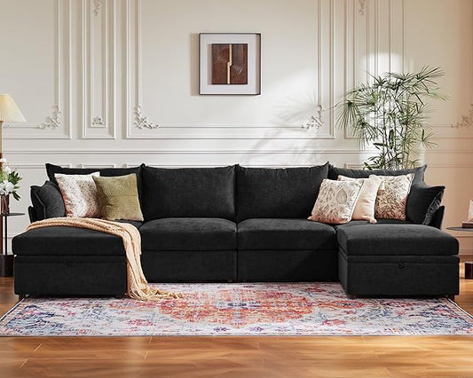 ABCASA 134.6" Oversized Modular Sectional Sofa, 6 Seater U Shaped Couch with Storage Ottoman with Reversible Chaise Deep Seat for Living Room, Apartment - Chenille Black
