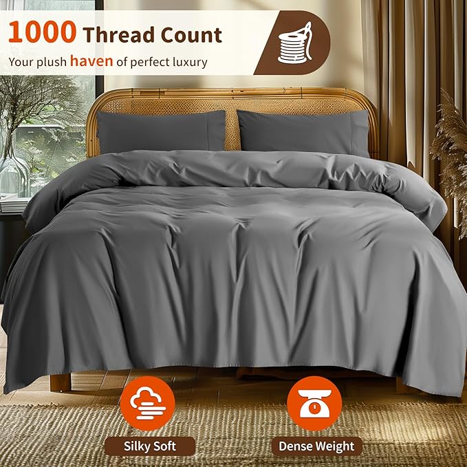 LBRO2M 100% Cotton Sheets Set Deep Pocket 24", 1000 Thread Count Queen Size 4 Piece Bed Sheet Sets Soft Comfortable Bedding All Season (Queen, Dark Gray)
