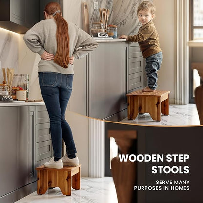 Holana 9" Acacia Wood One Step Stool for Adults - 300 Lbs Wooden Step Stools Heavy Duty for High Bed Riser, Bathroom, Bedroom - Small Stepping Stool for Elderly, Seniors, Kids, Handicap Use Indoor