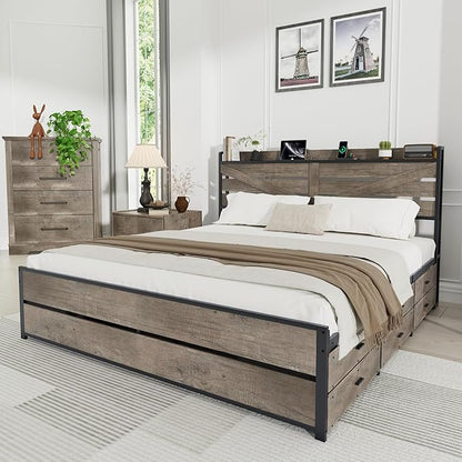King Size Wooden Bed Frame with 12 Storage Drawers and Headboard, Farmhouse Platform Bed Frame with Charging Station, No Box Spring Needed, Stable and Solid, Noise Free. (Oak, King)