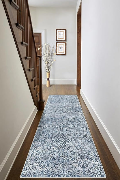vivorug Runner Rug 2'x7' Machine Washable Non-Slip Runners for Hallways Kitchen Entryway Laundry Room Vintage Medallion Carpet Hallway Runner Blue