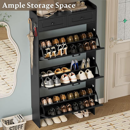 Shoe Storage Cabinet for Entryway, Farmhouse Narrow Shoe Cabinet with 3 Flip Drawers & 2 Top Drawers, Adjustable Shelves & Hooks, Freestanding Hidden Rack Organizer for Hallway, Foyer