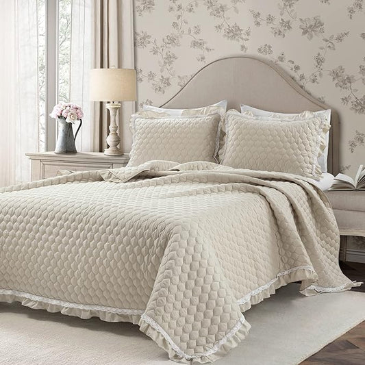 Lush Decor Ella Ruffle Lace Quilt, 3 Piece Set, King, Neutral, Cute Quilt - King Bedding Set - Beige Bedding - Coquette Decor - Neutral Ruffle Trim - Beige Lace Trim