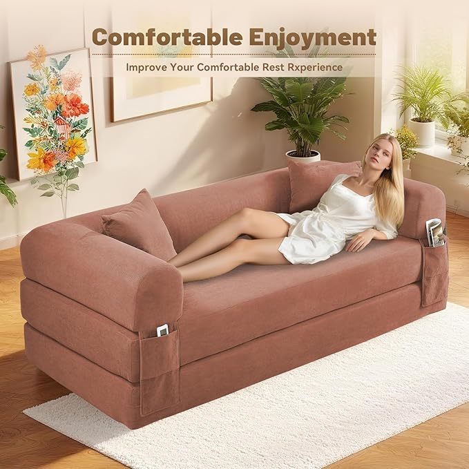 Convertible Futon Sofa Bed,80" Folding Pull Out Couch Bed with Storage,Queen Sleeper Sofa Bed,Compressed Couch in a Box,Corduroy Boneless Couches for Living Room,Pink