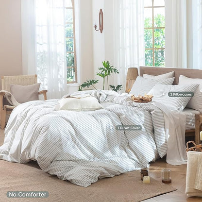 MooMee Striped Duvet Cover Set 100% Washed Cotton Linen Like Textured Breathable Durable Soft Comfy (White Heathered Green Wide Stripes, King 104"x90")