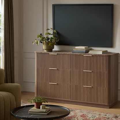 win2win 6 Drawer Dresser, Mid Century Modern Dresser with Storage, 47" Wide Fluted Chest of Drawers with Faux Marble Top, Dressers TV Stand, Drawers Organizer for Bedroom, Living Room, Hallway, Walnut