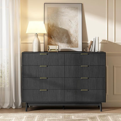 CARPETNAL Fluted 8 Drawer Dresser for Bedroom, 55" Wide Wooden Chest of Drawers with Rounded Corners, Gold Handles, Modern Storage Organizer for Bedroom, Hallway(Black)