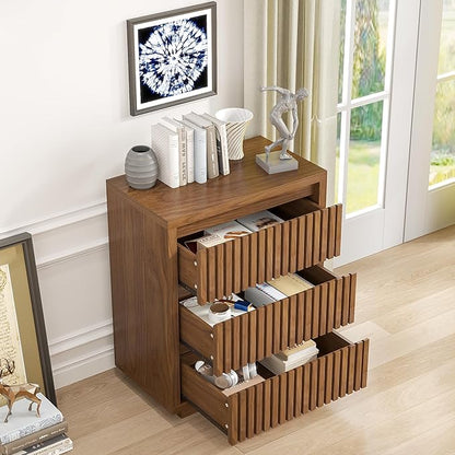 Fluted 3 Drawer Dresser, Mid Century Small Dresser for Bedroom, Wood Chest of Drawers, Modern Closet Clothes Organizer, Walnut Wooden Storage for Living Room, Brown