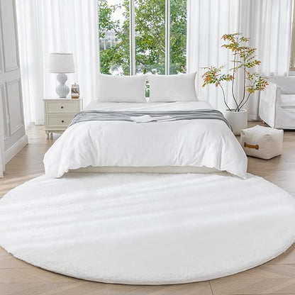 Amazon Basics Fluffy Washable Round Area Rug, Circle Shaggy Carpet for Living Room, Bedroom, Nursery, 4'R, Cream