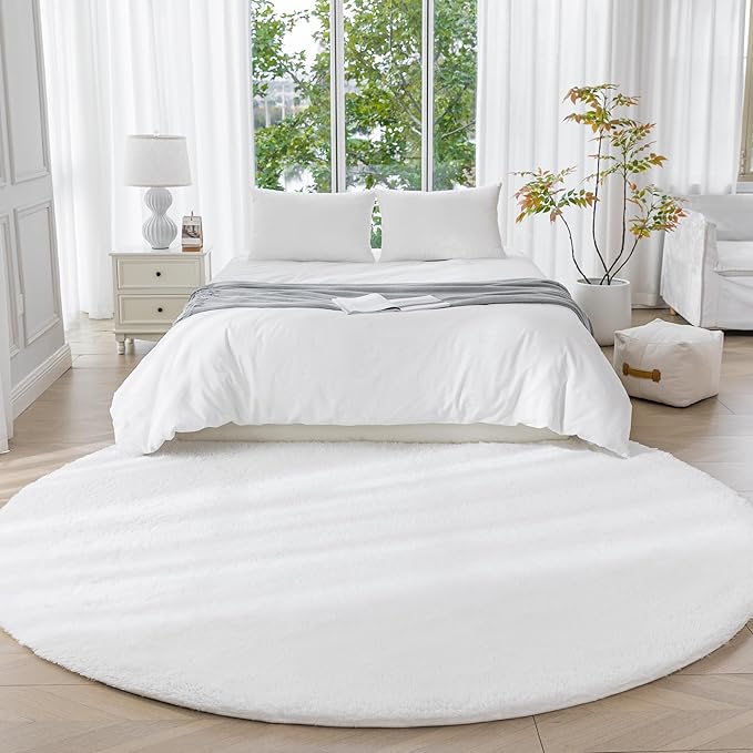 Amazon Basics Fluffy Washable Round Area Rug, Circle Shaggy Carpet for Living Room, Bedroom, Nursery, 5'R, Cream